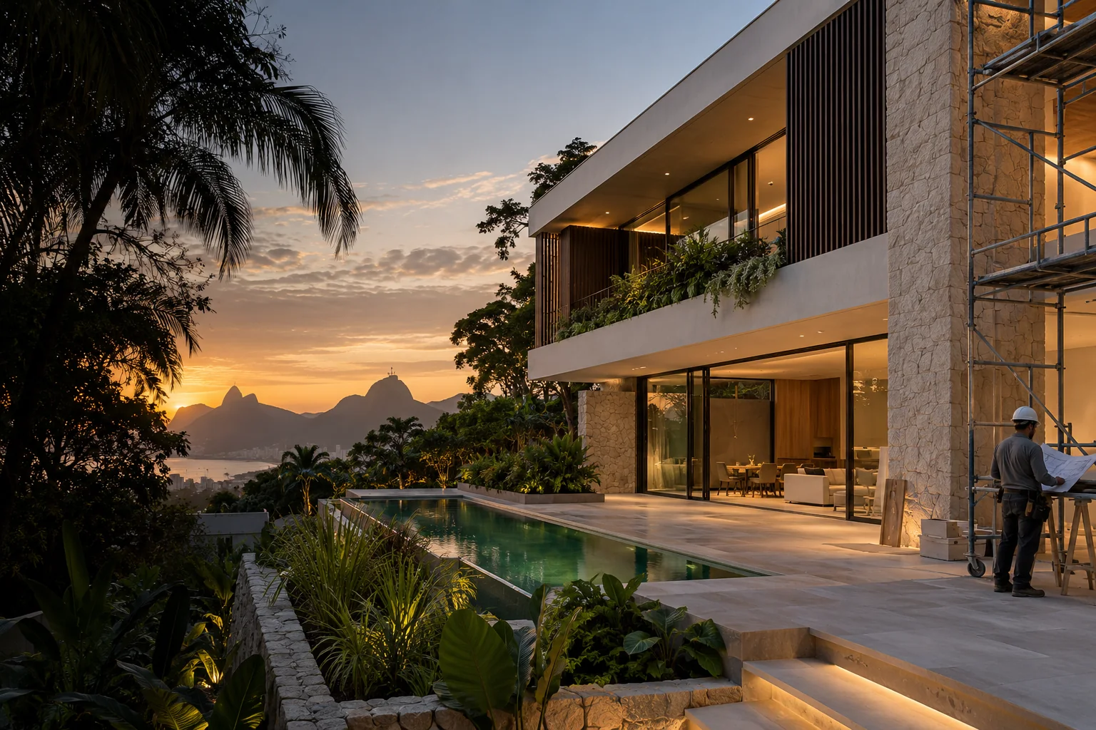 Casa contemporânea em imagem conceitual com atividade de obra e profissional consultando plantas