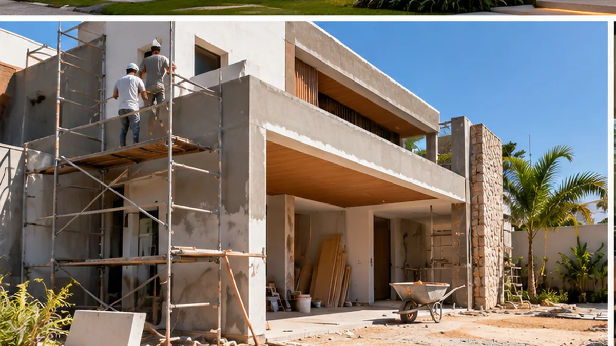 Casa em fase de reforma com andaimes e serviços de acabamento em andamento