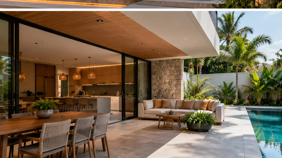 Ambiente residencial integrado com varanda e piscina em imagem conceitual de arquitetura contemporânea