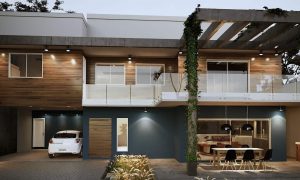 Projeto Casa Fachada modernista, revestimento madeira nas paredes