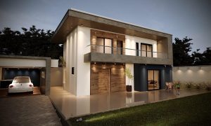 Casa Fachada Contemporânea detalhe madeira concreto e parede azul